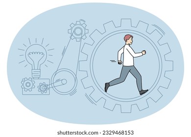Businessman running in cogwheel generating creative business ideas. Man walk hurry in gear producing project startup or innovation. Motivation and hard work. Vector illustration.