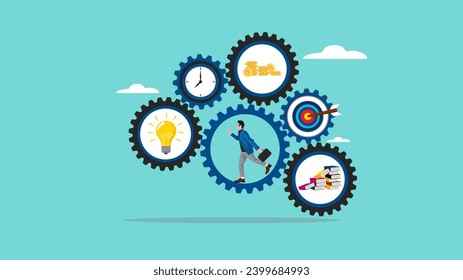 Empresario que trabaja en la generación de ideas de negocios creativas, concepto de control corporativo, habilidad para conducir empresas, innovación y ofrecer nueva habilidad a la ilustración de concepto de negocio diseño plano
