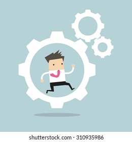 Businessman is running in the cogwheel machine