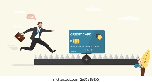 Empresário correndo para o cartão de crédito em armadilha animal, crédito financiamento isca bancária, empréstimo. O cliente masculino corre o risco de cair na armadilha e ter problemas. Má gestão monetária. ilustração vetorial plana