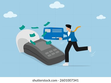 Businessman Running with a Credit Card Towards a Giant POS Terminal While Losing Cash, Representing Financial Challenges and Debt Struggles in a Digital Payment Era.