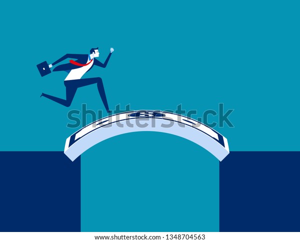 Businessman running cross money\
bridge. Concept business vector illustration, Currency,\
Successful.