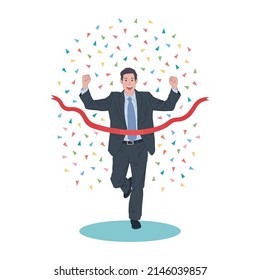Businessman running crossing finish line red ribbon with confetti celebration flat vector illustration.