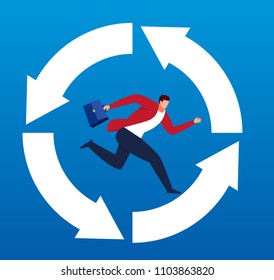 Businessman running in a cycle of arrows
