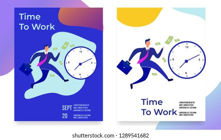 Businessman Running Deadline With Clock Flyer, Poster Template. Colorful Vector Illustration - Vector