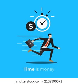 businessman running to deliver the project. Time is Money with icon stopwatch and dollar. Digital market race business concept.