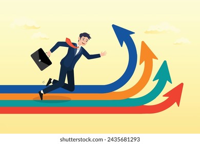 Businessman running to different arrow pathway, career decision, choosing direction choices for future opportunity, different path to success, decide or progress options for career growth (Vector)