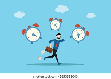 Businessman running with documents and surrounded by alarm clocks. Concept of stress, urgency, deadlines, and time management.
