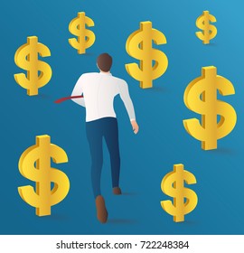 businessman running with dollar coins vector. business concept illustration