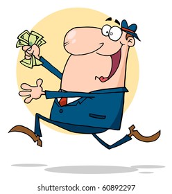 Businessman Running With Dollars In Hand