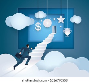 Businessman running to the door on top of the stairs, Challenge, Path to the goal, Business concept growth to success, Creative ideas, Reach the target, Paper art vector and illustration.