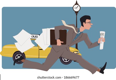 Businessman running down a city street with a newspaper and losing papers from his folder, vector illustration