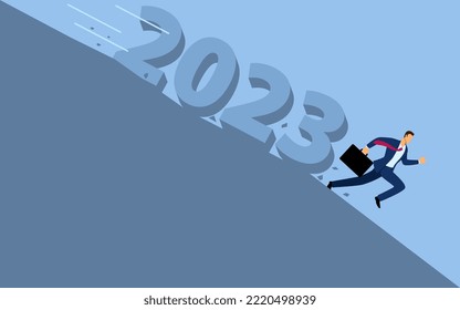 Businessman running downward to avoid the year 2023 that slipping down, vector illustration