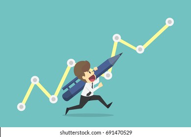 Businessman running drawing growth arrow.Business young cartoon happiness of success concept is man character.View businessman emotions moving include icon of man.Vector Illustration