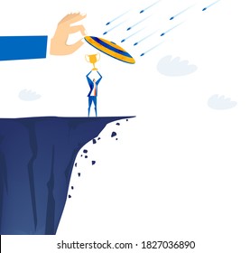 Businessman running at the edge of cliff and cover himself with shield in order to protect against of bullets. Contemporary management concept, solving problem and achievement business illustration