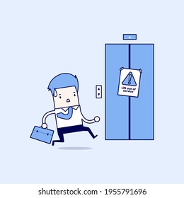 Businessman are running to the elevator. But the elevator is out of service. Cartoon character thin line style vector.