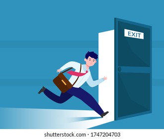 Businessman running to escape exit. Emergency exit open door, evacuation way from office building. Flat vector illustration for fire, warning, safe way direction concepts