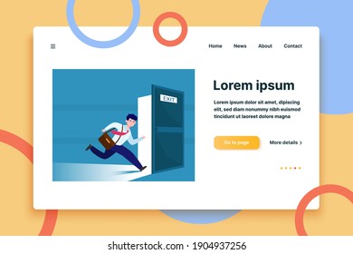 Businessman running to escape exit. Emergency exit open door, evacuation way from office building. Flat vector illustration for fire, warning, safe way direction concepts