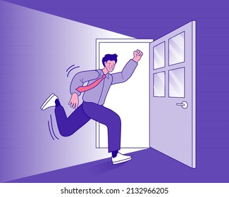 Businessman Running To Exit Door. Emergency Escape And Evacuation From Office Vector Business Concept. Quit Routine Job. Way For Business Dead End To Be Success Or Exit From Work Difficulties. Vector