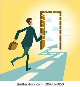 businessman running exit door vector illustration