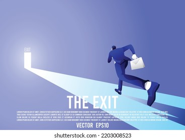 businessman is running to the exit, successfully way to avoid problem. leaving situation and find a new ways. business concept flat style. vector illustration.