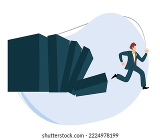 businessman running from falling domino. domino effect. flat design vector illustration 