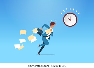 businessman running with falling papers from briefcase time management deadline concept flat horizontal vector illustration