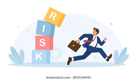Businessman Running From Falling Risk Blocks Avoiding Business Threat Mitigation Strategy Avoid or Minimize Risk, Run Away from Uncertainty, Fear or Safety Decision for Investment Vector Illustration