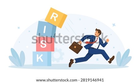 Businessman Running From Falling Risk Blocks Avoiding Business Threat Mitigation Strategy Avoid or Minimize Risk, Run Away from Uncertainty, Fear or Safety Decision for Investment Vector Illustration