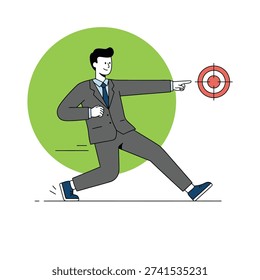 A businessman running fast and pointing towards a bullseye target, green circle background, minimalist flat design vector illustration.