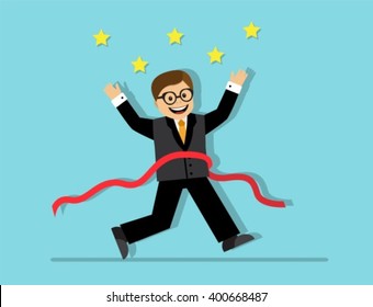 Businessman running at the finish line with a red ribbon and enjoys his victory and success