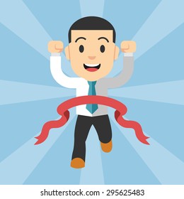 Businessman running at the finish line. Vector flat illustration