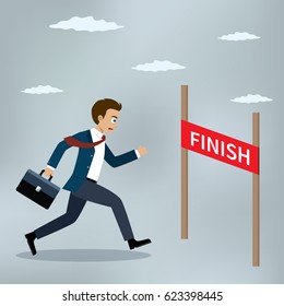 Businessman running at the finish line. Vector illustration