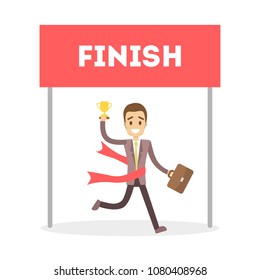 Businessman running to finish with red ribbing on white.