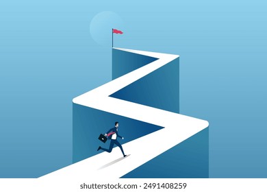 Businessman running to the flag on top of the mountain. Symbol of determination to achieve goal for success. 