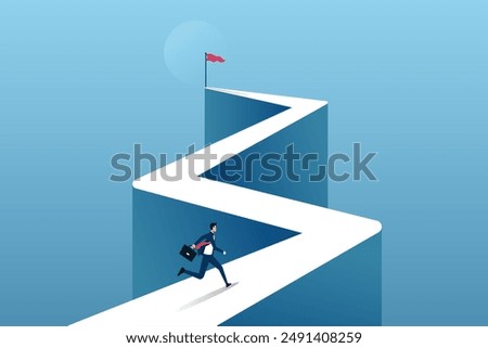 Businessman running to the flag on top of the mountain. Symbol of determination to achieve goal for success. 