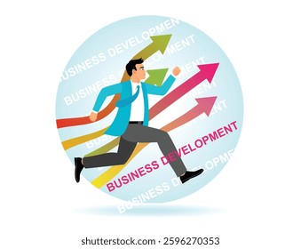 A businessman running forward with arrows symbolizing growth, potential and business development. Ideal for depicting progress, strategy and professional success. Flat vector modern illustration