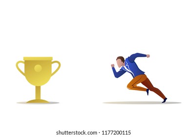 businessman running forward winner trophy cup golden prize concept man hurry up win first plase motivation leadership male cartoon character flat horizontal isolated vector illustration