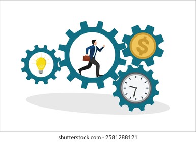 Businessman running with full effort inside gear cogs to spin time and money gears. Effort and time to make money, success long term investment, deadline effect to make people finish work concept.
