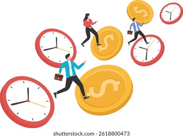 Empresário correndo com esforço total dentro engrenagens engrenagens para girar engrenagens de tempo e dinheiro. Esforço e tempo para ganhar dinheiro, sucesso de investimento a longo prazo, efeito de prazo para fazer as pessoas terminarem o conceito de trabalho.

