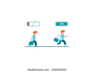Businessman running with full of energy battery and tired businessman slowly walking with low energy battery icon. Business concept. Flat vector illustration. - Vector illustration