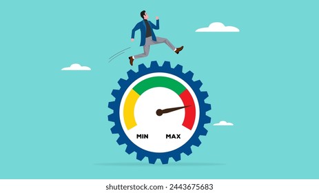 businessman running at full speed to rotate measure cogwheel gear, high performance work system, motivation to achieve business growth or career success, full efficiency or maximum productivity