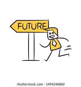 businessman running and future street sign yellow stick figure 