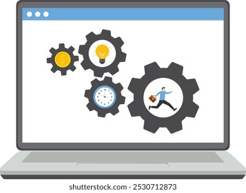 Hombre de negocios corriendo en engranajes de engranajes para girar el tiempo y el dinero engranajes en smartphone . Éxito de la inversión a largo plazo. Ilustración vectorial moderna en estilo plano

