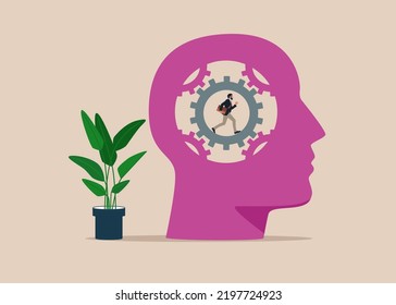 Businessman running in gear inside the head. Vector illustration.