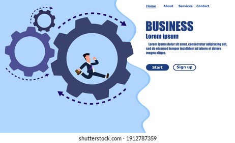 Businessman running in gear mechanism to work successful. Website design or landing web page. Business Concept. Vector illustration