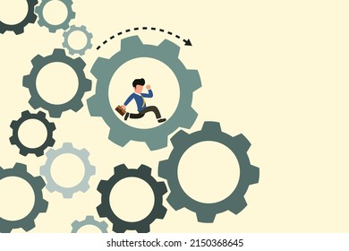 Businessman Running In Gear Mechanism To Work Successful. Working Hard To Keep The Business Thriving. Business Concept. Vector Illustration 