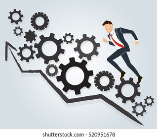 Businessman running with gears and high grape background vector