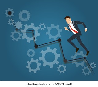 Businessman running with gears and high grape background vector