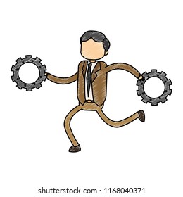 Businessman running with gears scribble